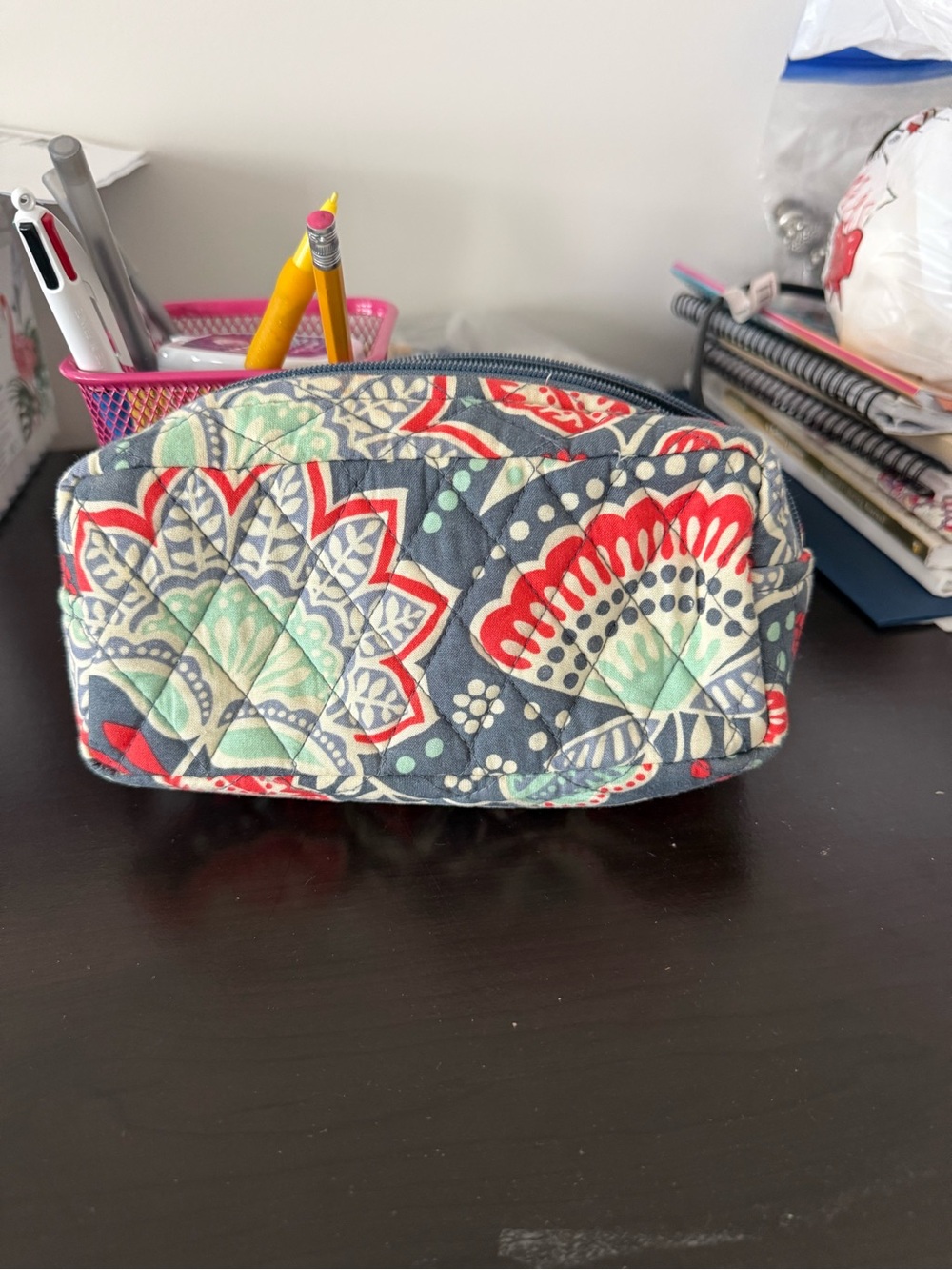 Vera Bradley Quilted Cosmetic Bag in Navy, Red, Mint & White Floral Print